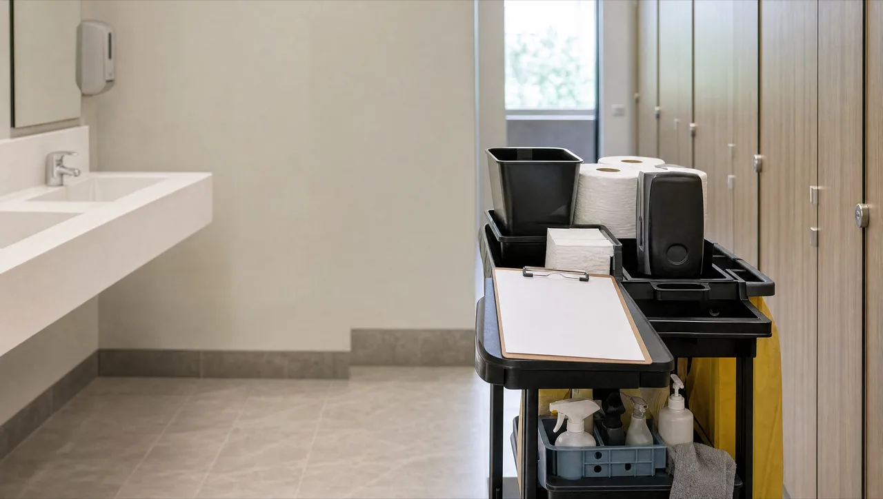 Facility service cart with clipboard, supplies and paper stock in a washroom