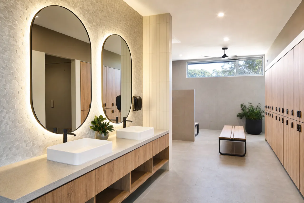 Fitness centre change room with lockers and vanity area