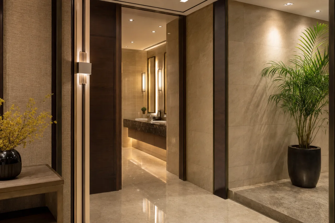 Entrée de salle de bains d'hôtel haut de gamme, luminaires élégants
