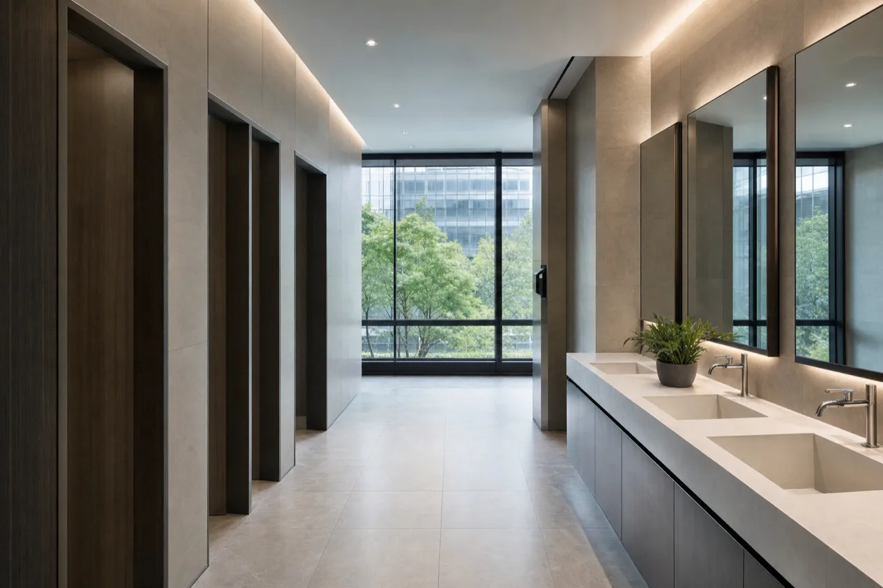 Modern office building washroom corridor with daylight