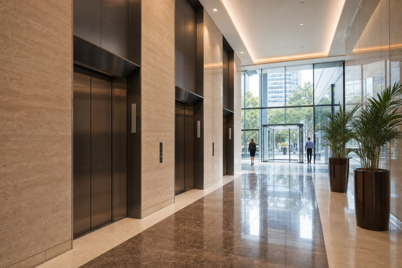 Multi-tenant office tower lobby with elevator bank