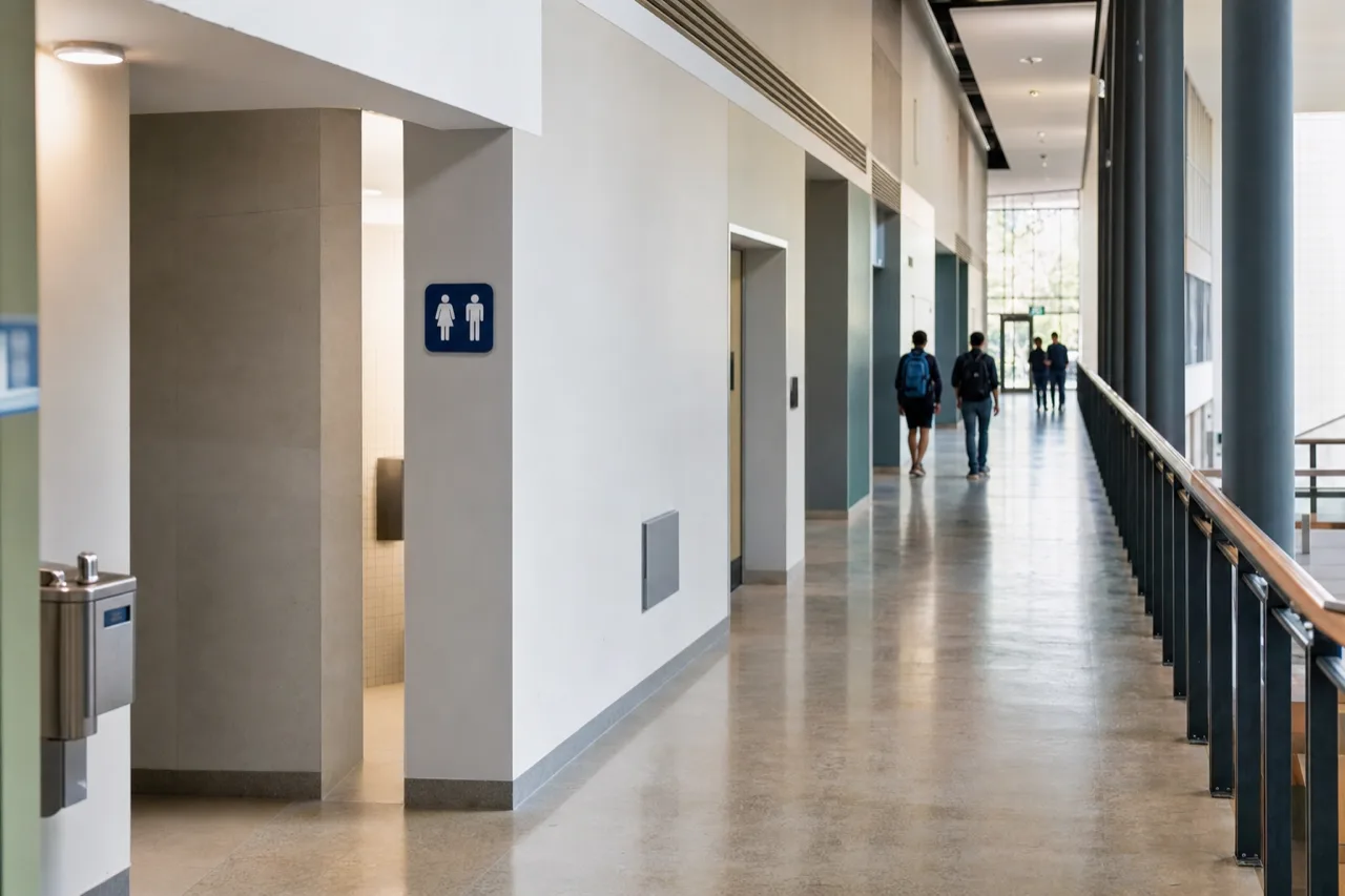 Corridor de bâtiment universitaire avec signalisation de salles de bains