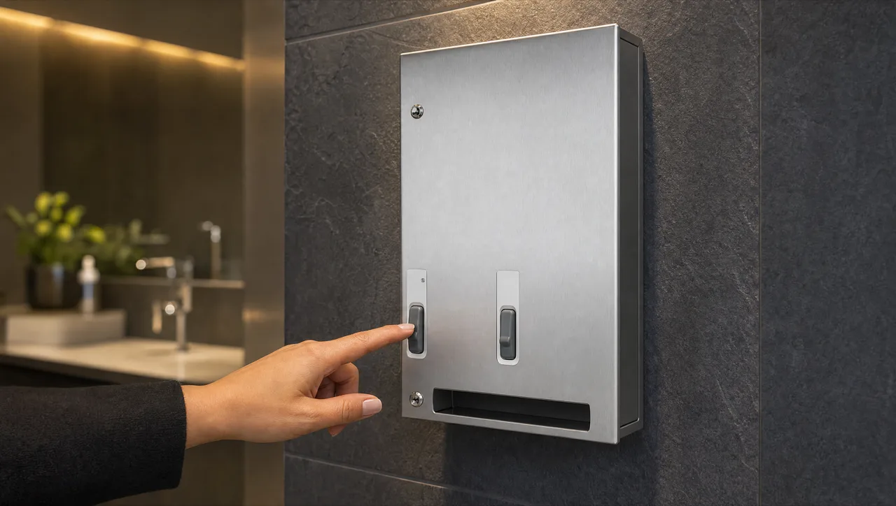 Hand pressing the button on a stainless steel push-button feminine product dispenser, dark slate washroom wall