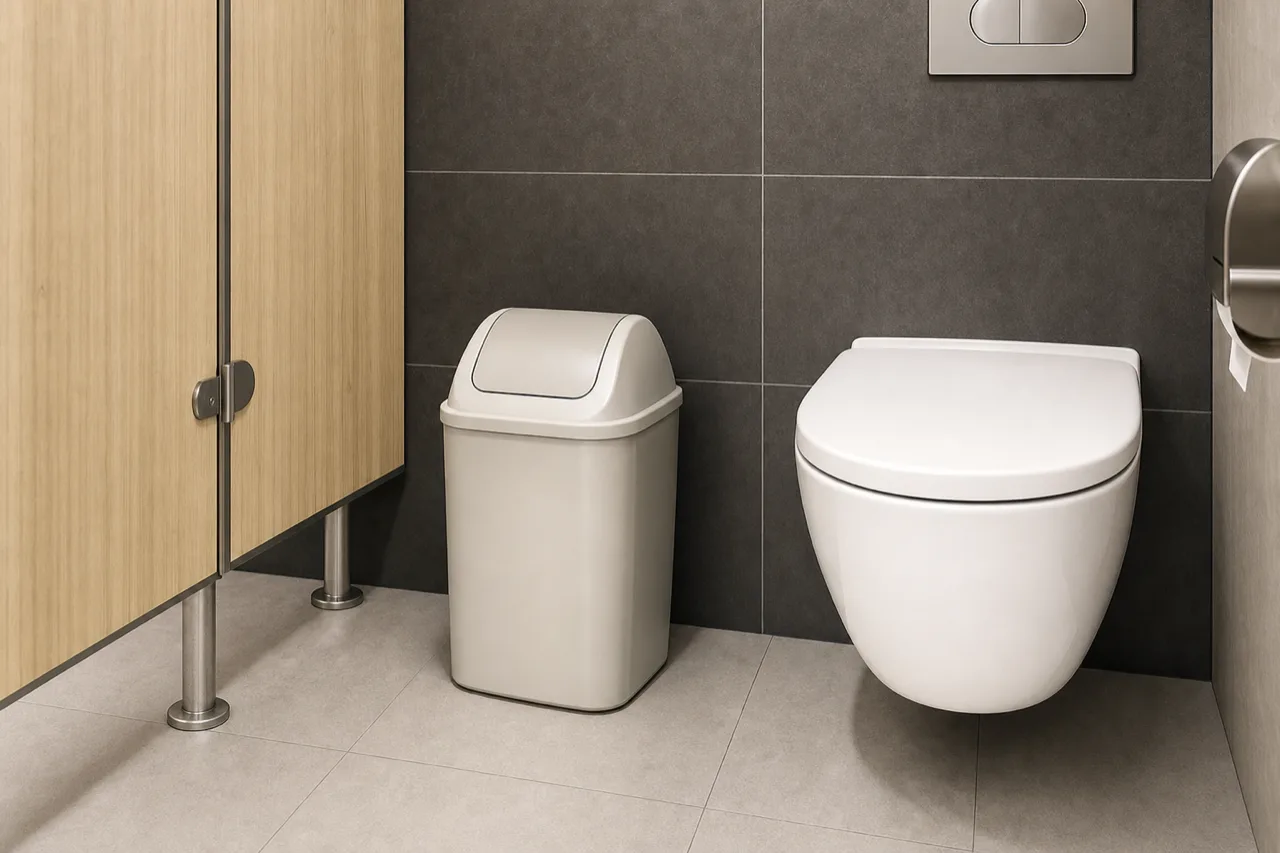 Contenant sanitaire couvert à côté d'une toilette dans une cabine commerciale