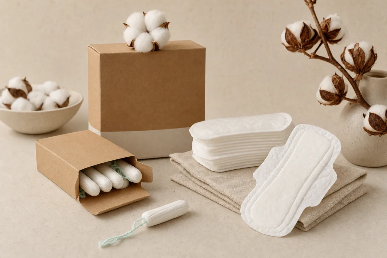 Tampons et serviettes de coton biologique en emballage sobre à plastique réduit