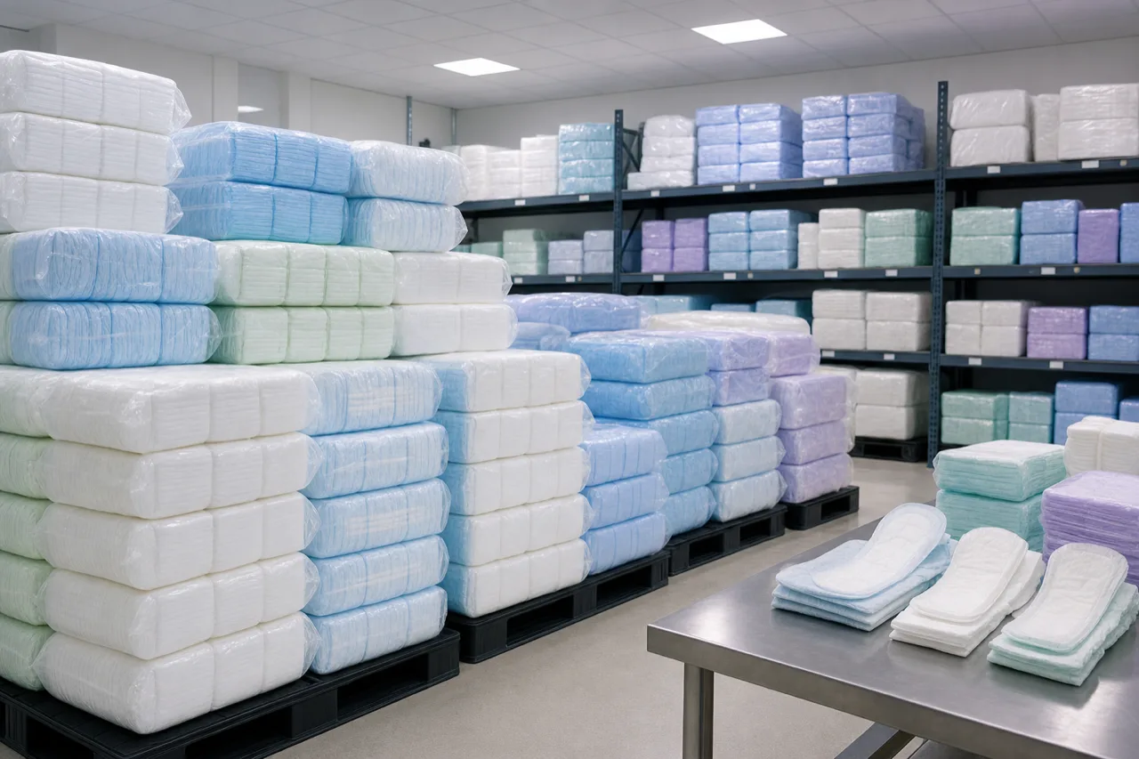 Stacked cases of wrapped pads and liners in a facility storage room