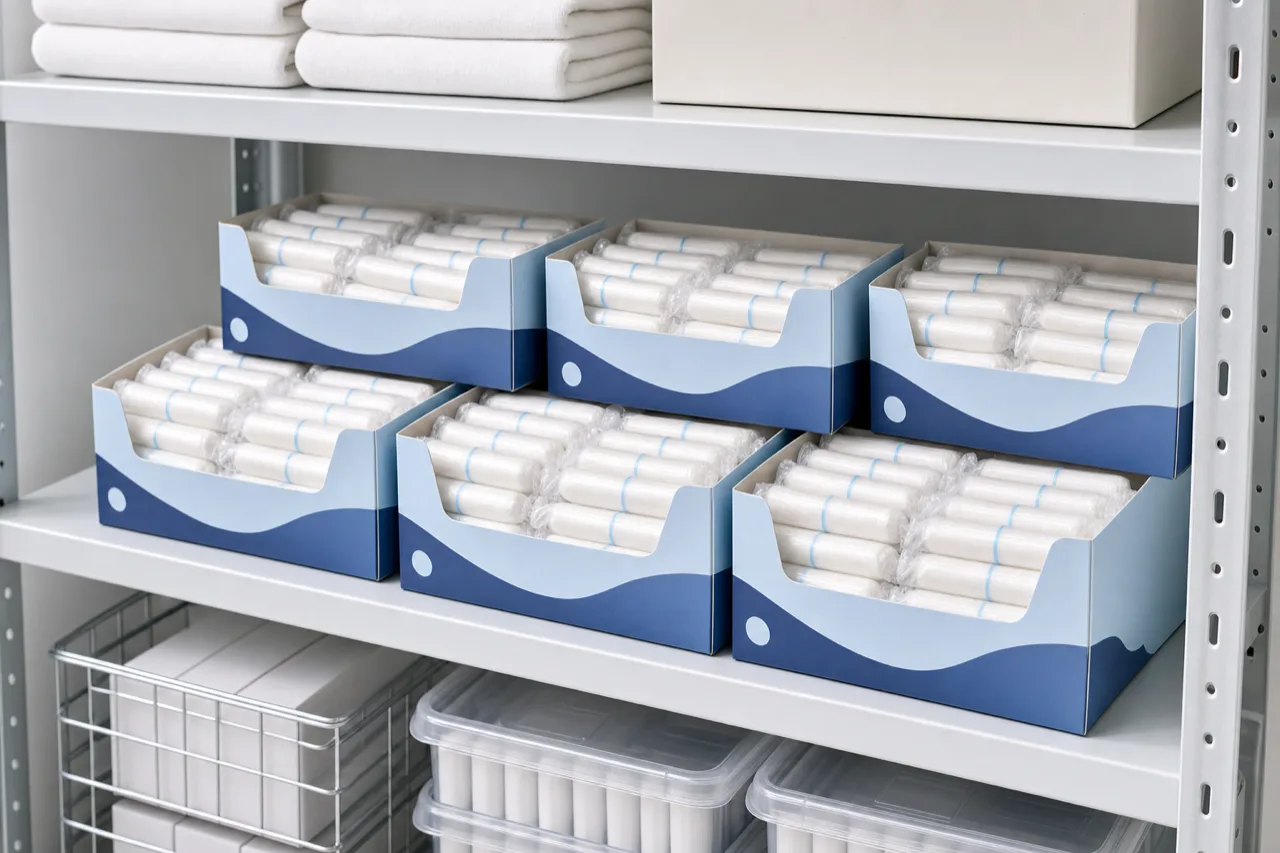 Cases of individually wrapped tampons in facility supply quantities on a storage shelf