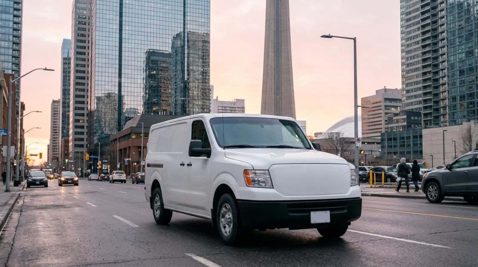 White service van on a downtown route, high-rise towers behind