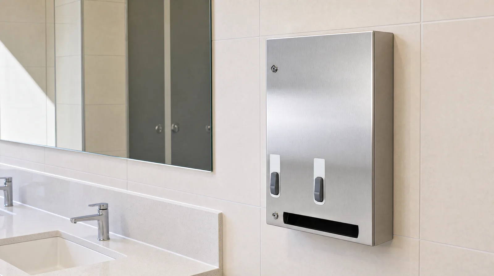 Stainless push-button dispenser mounted in a bright workplace washroom