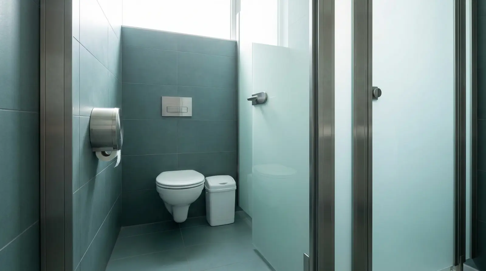 Contenant sanitaire dans une salle de bain commerciale