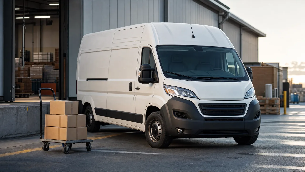 White service van at a warehouse loading dock with supply cases on a hand truck